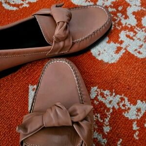 Women's Tan Loafers with Bow Detail